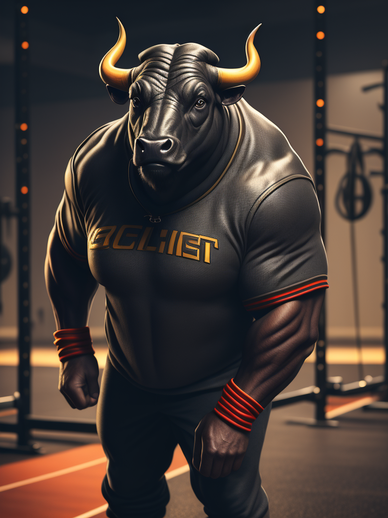 Bull look like a human stylized as a sport coach with whistle and t-shirt in the gym