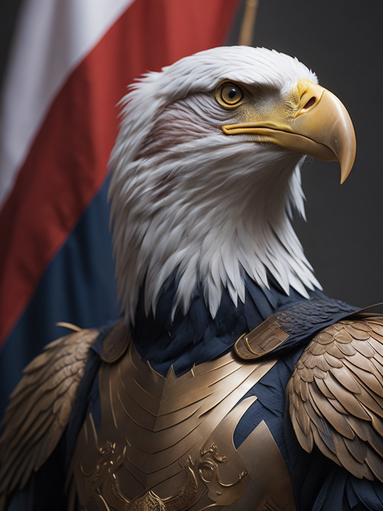 Bald eagle wearing armor holding an Russian flag