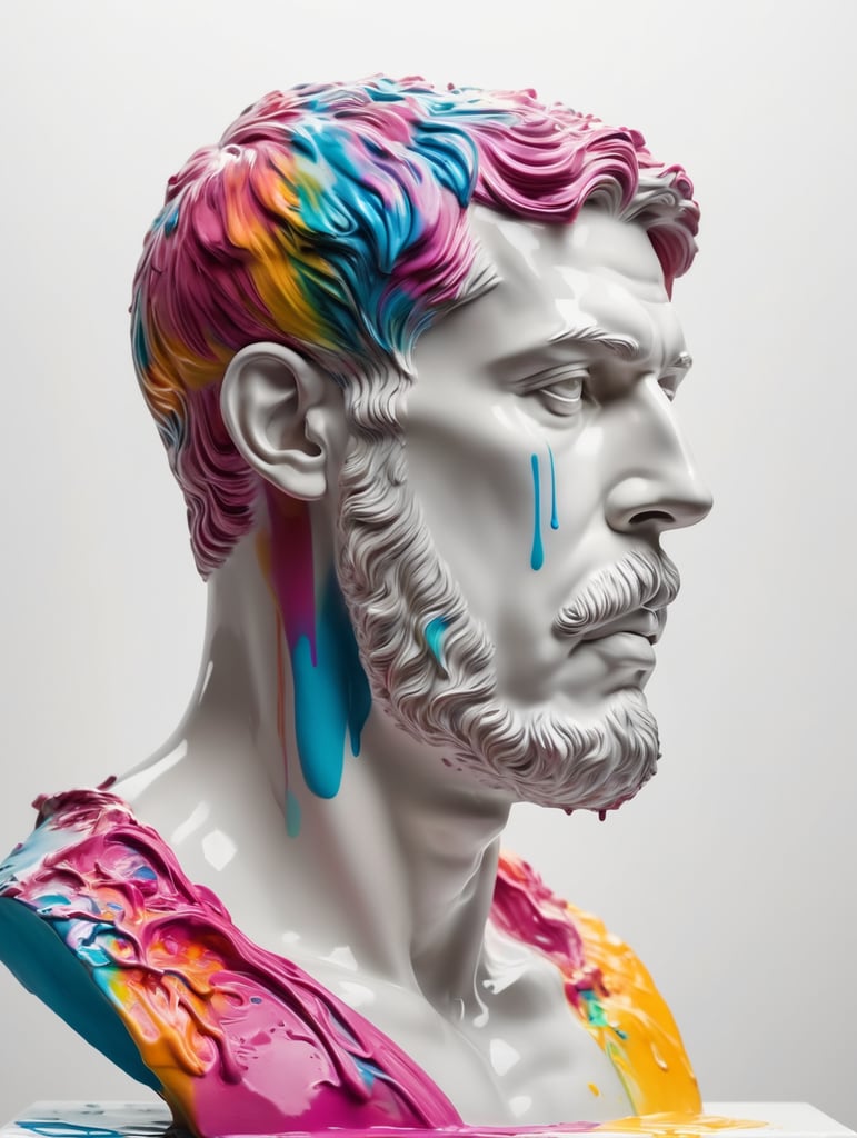 greek male bust with colorful paint, melted, the paint is flowing, aesthetic background