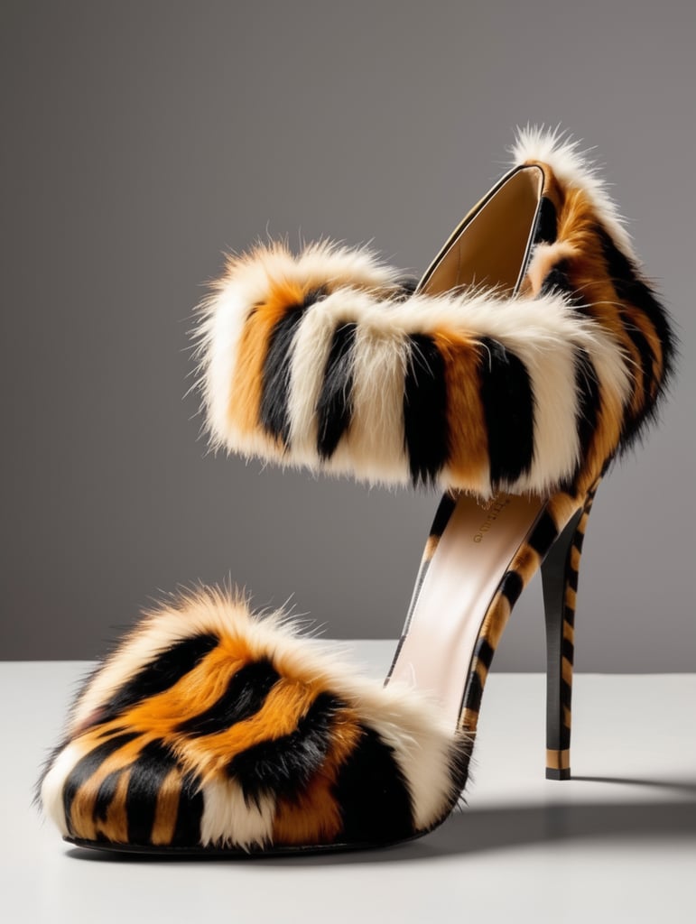 High heeled shoe made from tiger fur