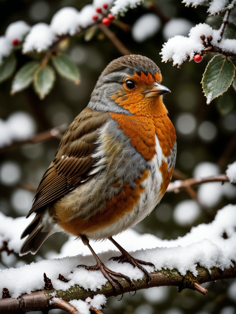 A robin sitting on a snowy branch wearing woolly cloths