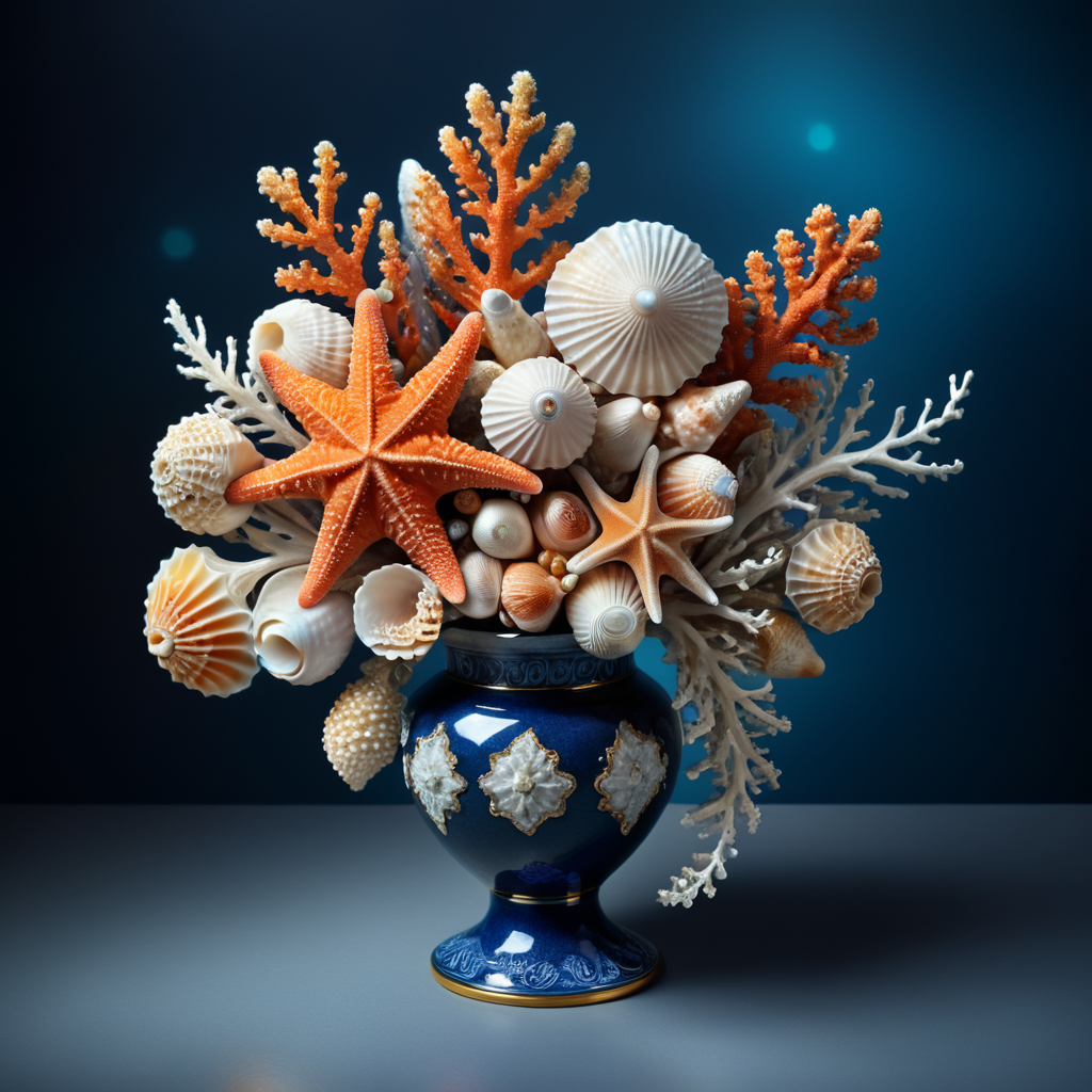 a beautiful bouquet of sea corals starfish pearl shells high Detail Image background dark blue in a vase