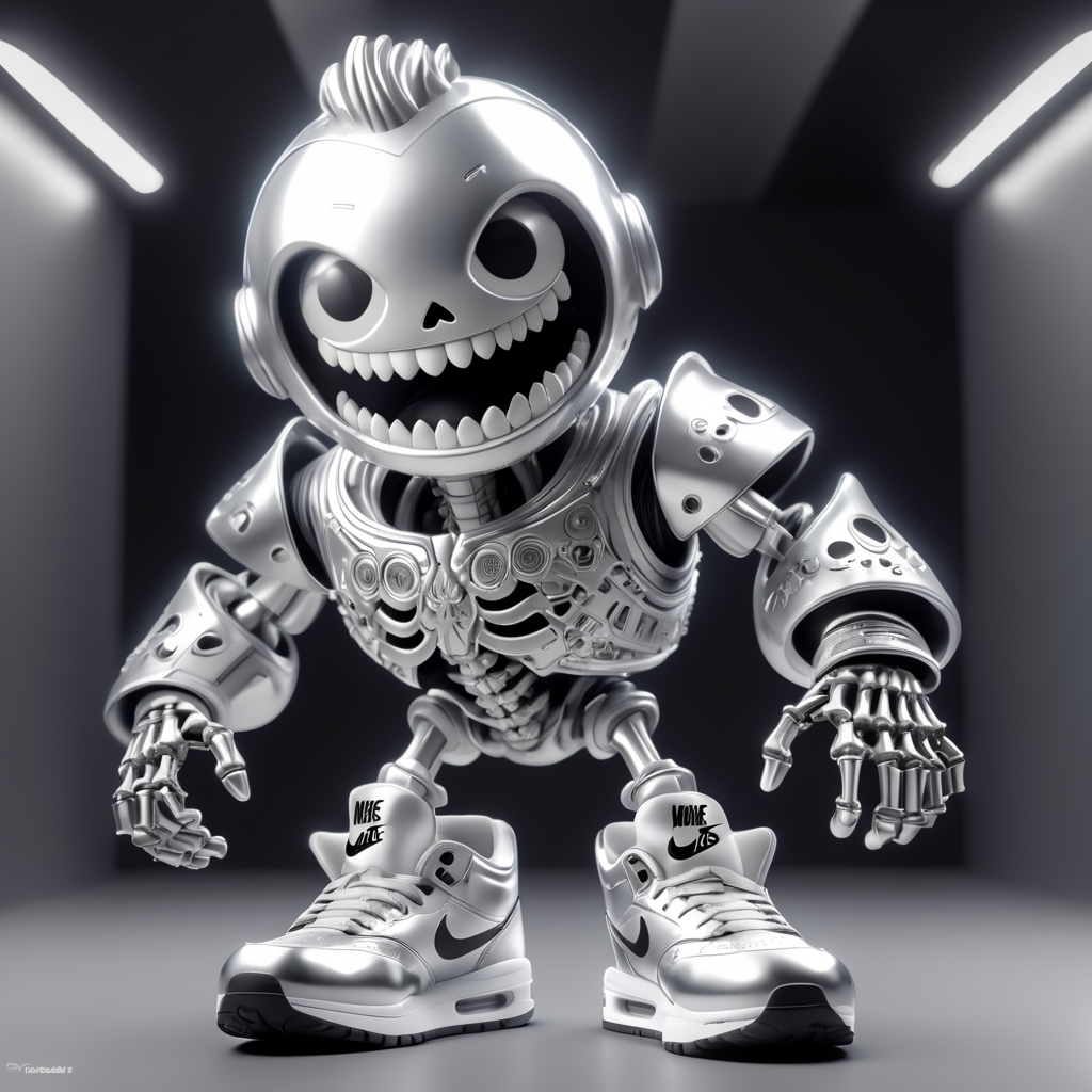 silver complete body, head, arms, legs, feet 3d model unreal engine render of a full body portrait shot of VVS Covered with silver Cluster Gamer Skeleton character as a metal roman sculpture playing video games covered in bright graffiti, wearing silver high fashion Clothing and silver Nike Air Max 1 '86 OG "Doernbecher" Shoes, silver big teeth, silver urban street wear. reflective perfect black studio Lighting with bright rim light high contrast ultra sharp
