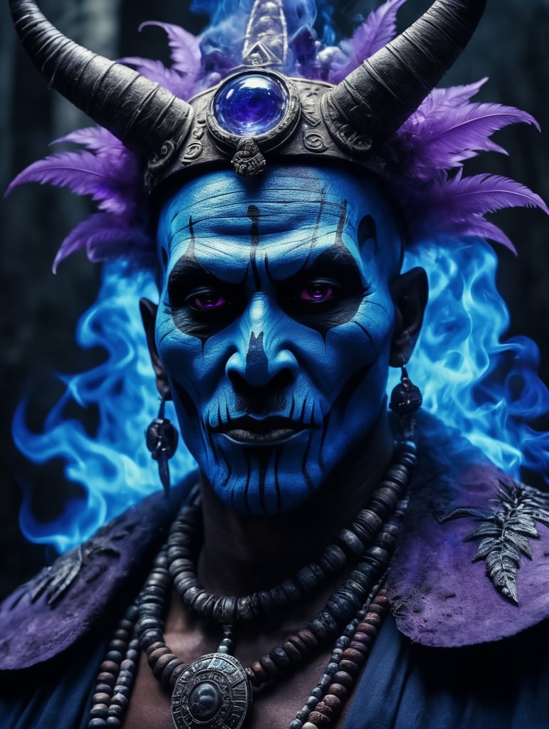 a witch doctor wearing a voodoo mask, surrounded by blue and purple flames, high quality cinematic lighting, fantasy, magical, dreamy, unique