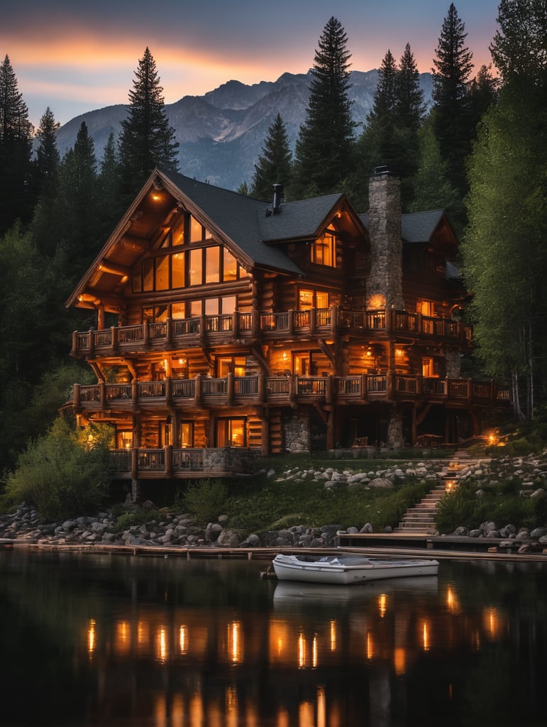 Professional evening photo of a Log mountain house, mountains, lake, forest
