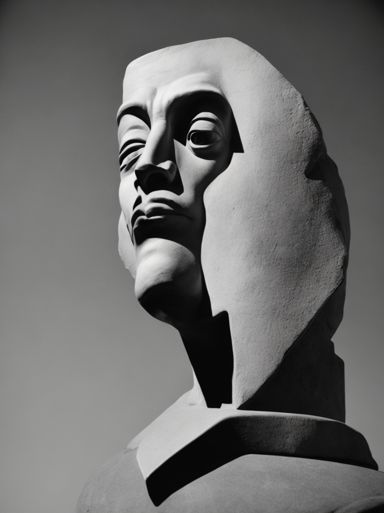 ein trauriger keramikkopf im sinne von peter voulkos und man ray. schwarz weiß foto