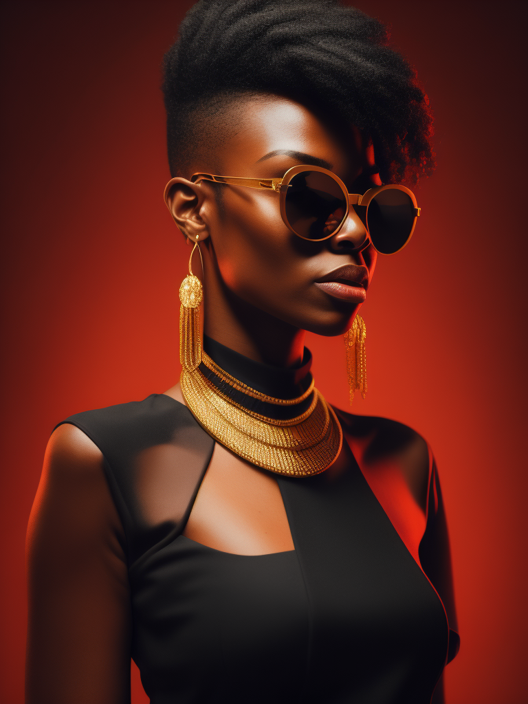 Black female model standing in waist-length black fluid, wearing black fashion dress, red lighting, black sunglasses, thick gold necklace around her neck, short haircut, red-orange background, fashion model, magazine cover, professional shot, magazine photography, bright saturated colors, sharp focus, highly detailed