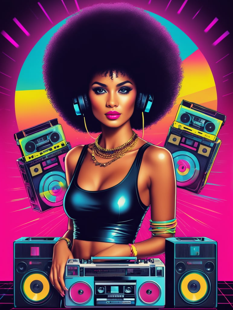 80's style retro party poster featuring boom box, cassettes, record player, neon, synthwave, disco vibes, breakdancer and afro disco funk girl