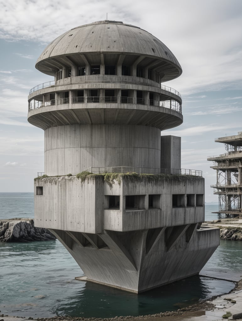 Visualize a (((technical drawings style))) abandoned (((concrete building))) floating over a (((sea))), with its bottom surface is (((foam))), as if it were being buoyantly lifted above the water due to the foam floating. The scene is captured in a (((monochrome line drawing))), with intricate details like (((hatches))), (((sea dots))), and (((technical pen lines))). The entire composition exudes a sense of (((technical drawing))), evoking the essence of advanced engineering and modern architecture.