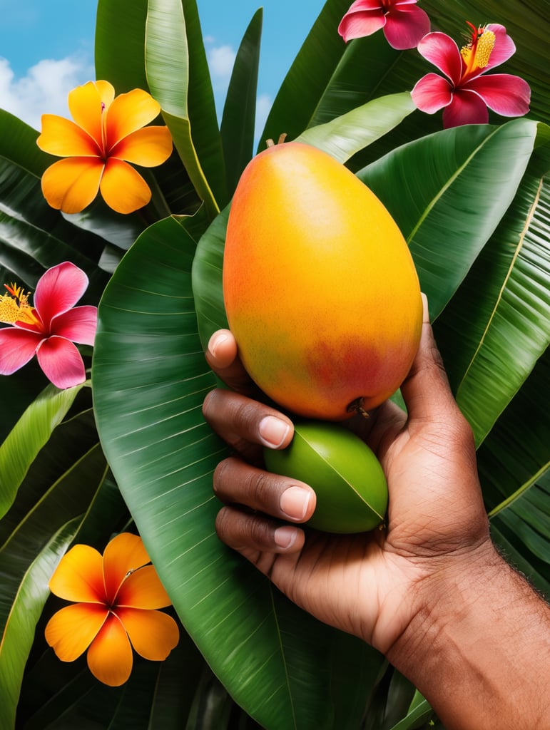 a hand holds a mango with a tropical flowers