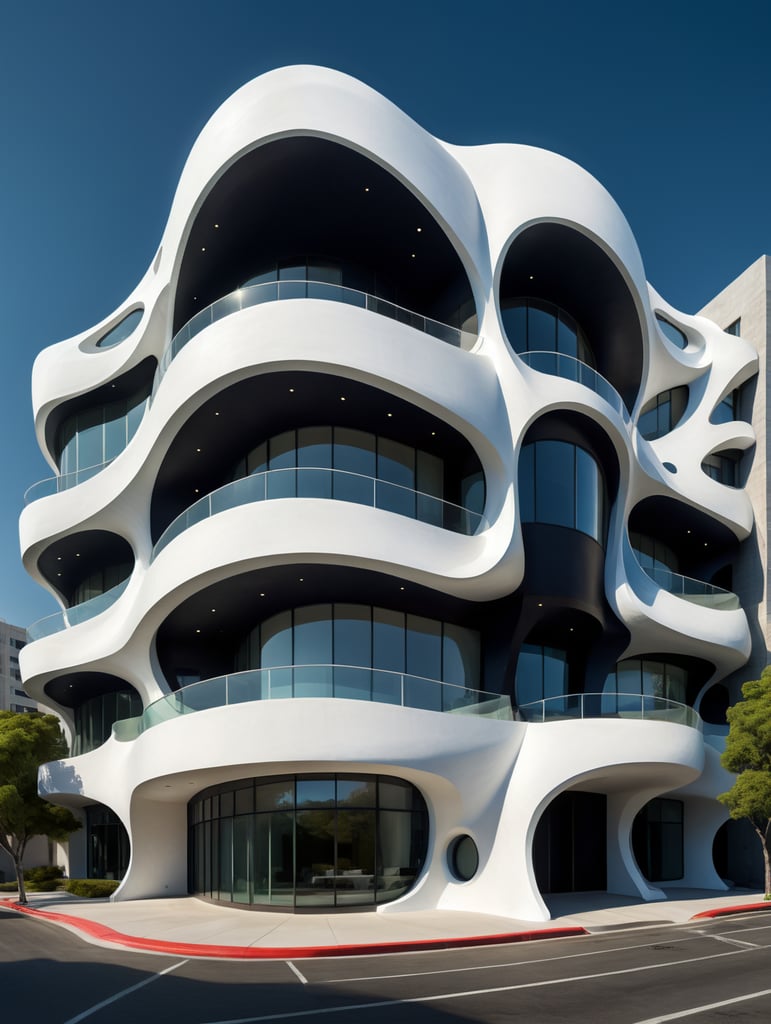 white building with curved shapes in front, in the style of the stars art group (xing xing), women designers, eclectic curatorial style, sculptural costumes, concrete, urban influences, flowing fabrics