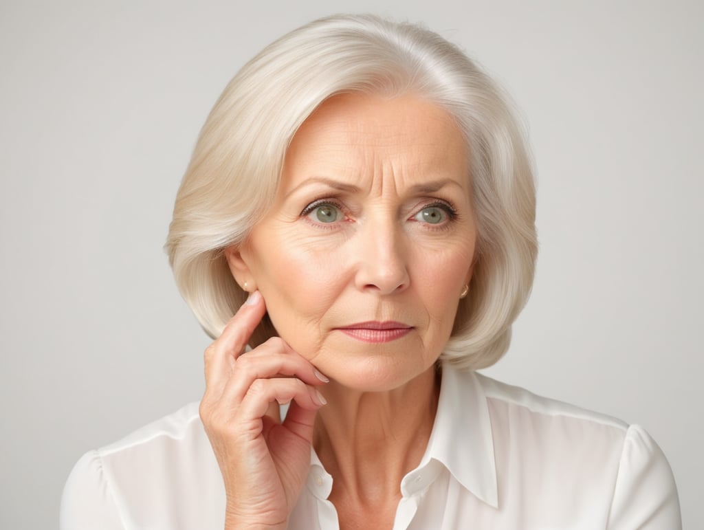 Blonde middle aged woman ponders on something keeps hand near face, white hair, white blouse, mature women, pretty old women, isolated, white background