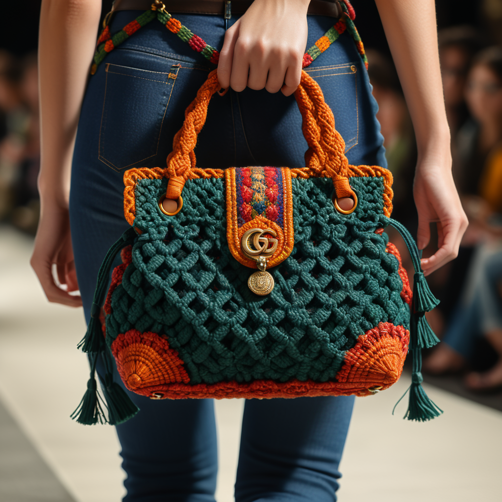 a closeup photo of a small puffy macrame purse made with puffy cords, a Gucci model standing on a runway holding bag with one hand, vogue fashion show, autumn colors