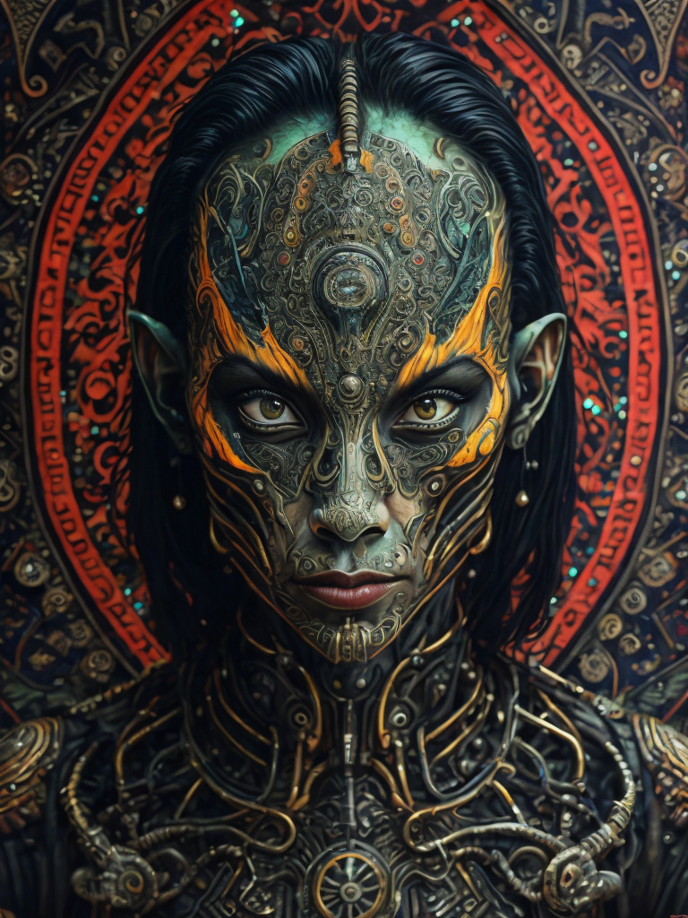 Portrait of an alien, batik, intricate details, surreal, Alien, Cyberpunk Trashcore Style, s 1000