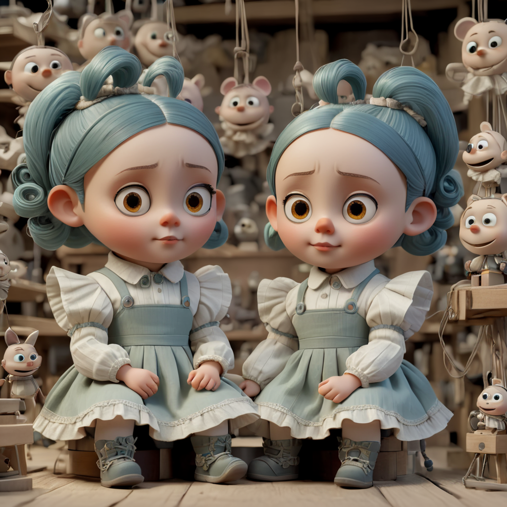 Two 3D puppet dolls, with strings attached to arms and hands, dressed in frilly clothes, pigtails, sitting in a toy makers workshop, vibrant by artist "Lovecraft", "Edward Gorey", "Anton Semenov", dystopian surrealism