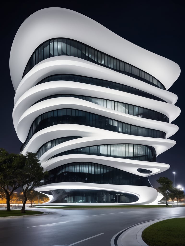 at night, white office building with curved shapes in front, in the style of Zaha Hadid, concrete, flowing, soft, melted