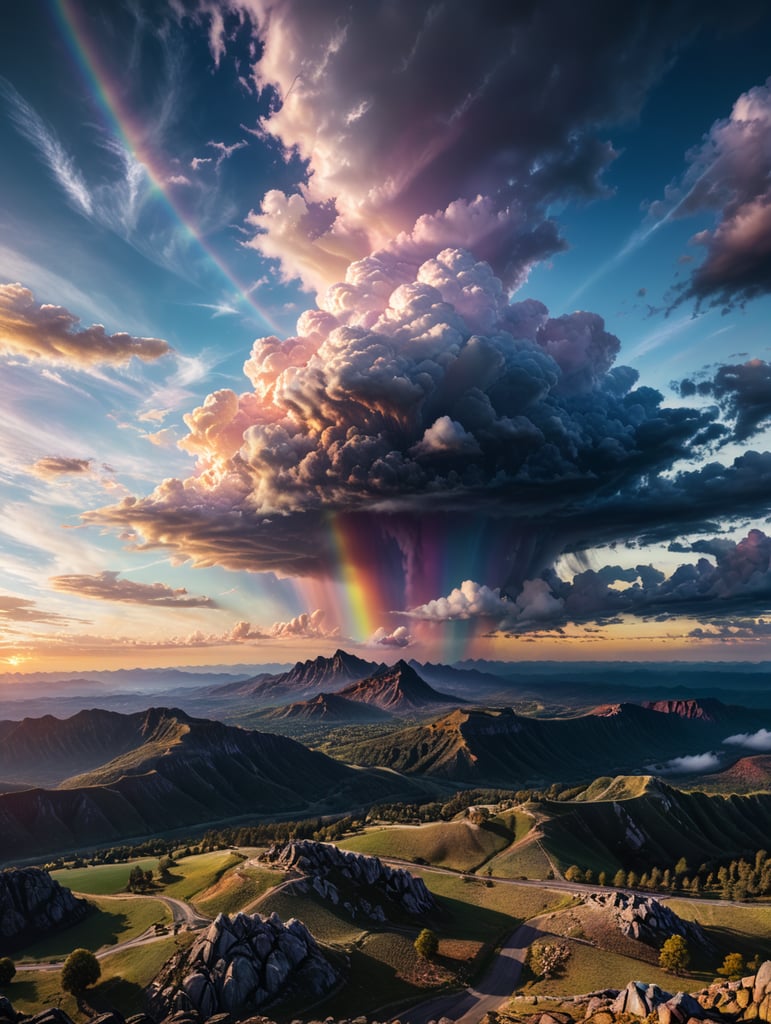 candy world, rainbow sky, cotton clouds, realistic, octane, lighting, sunset, sweet, drone view