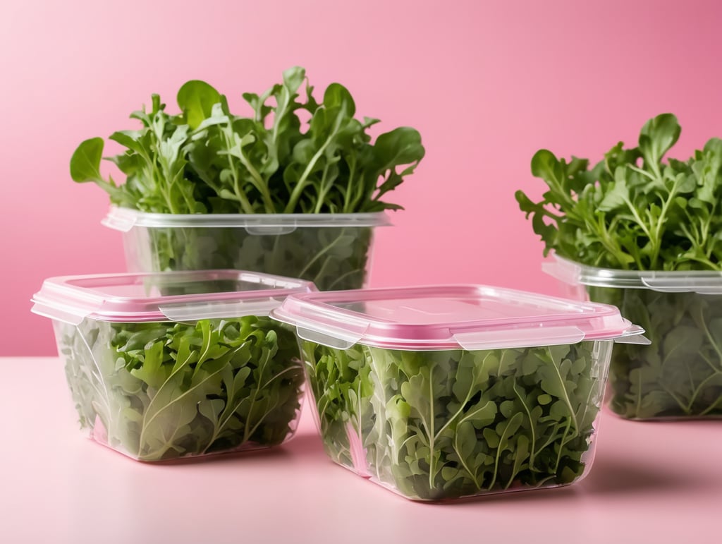 blank Transparent Plastic Container with Arugula Salad, isolated, pink background, Mockup, mock up