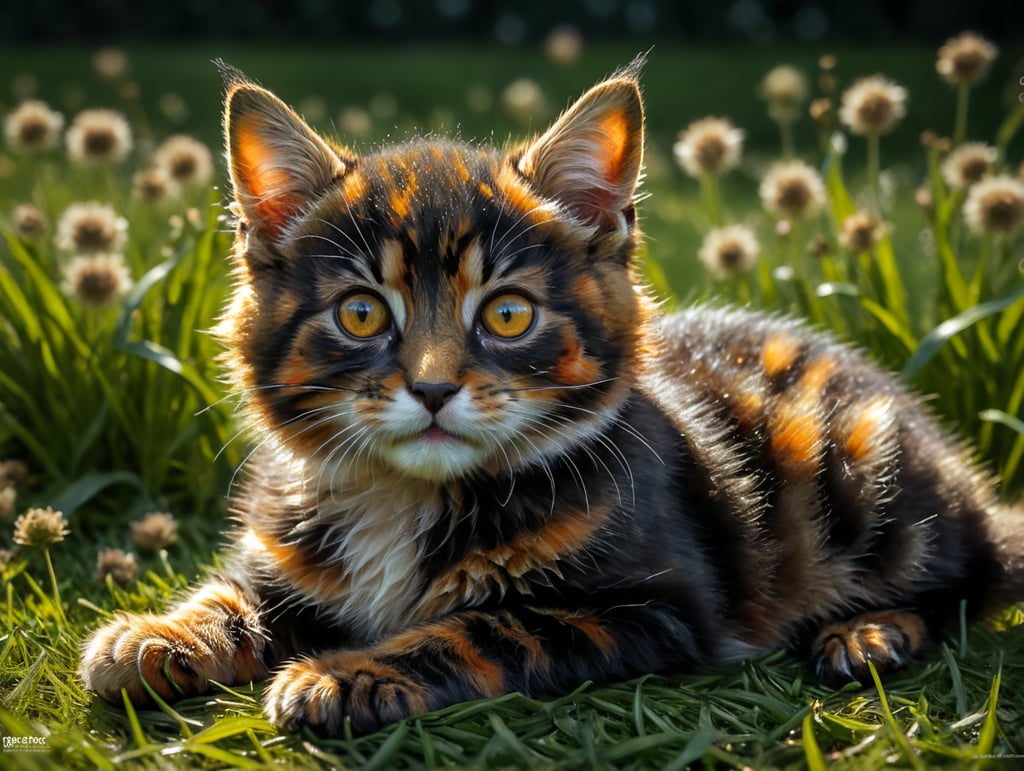 Small tortoiseshell kitten lying on a grass lawn.