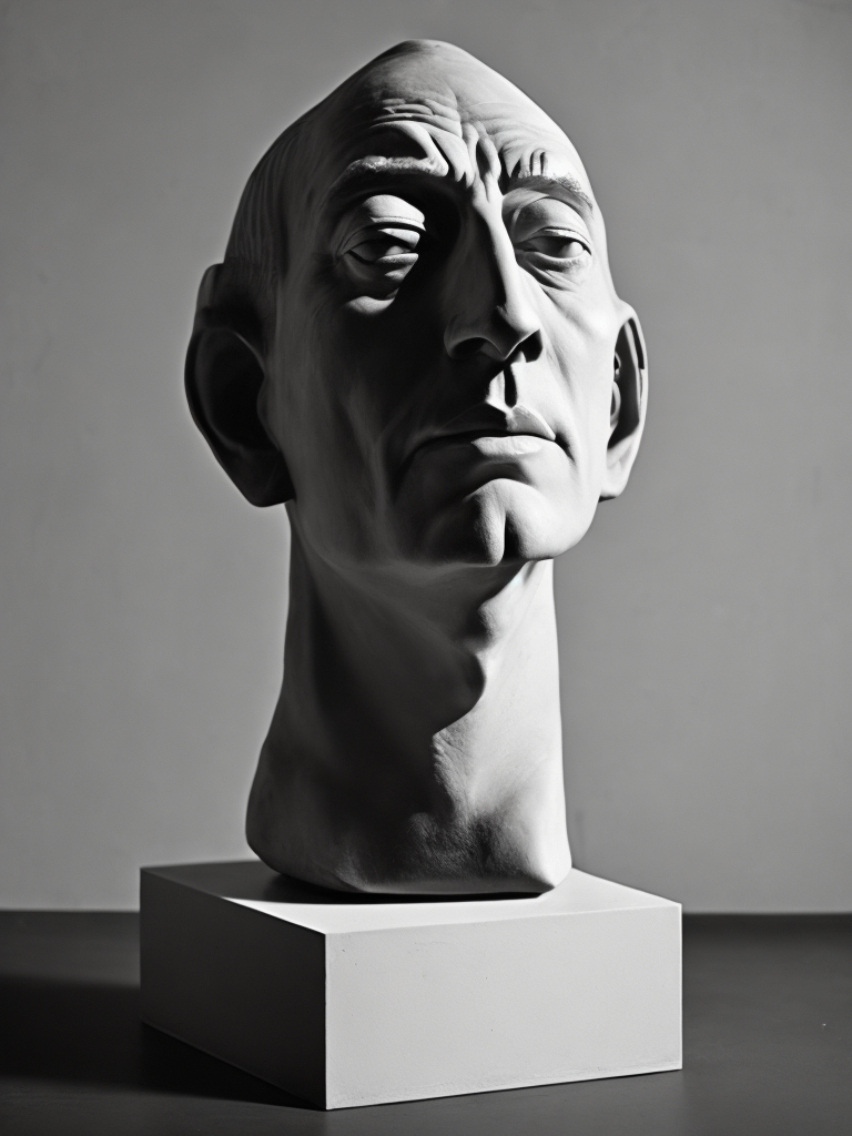 ein trauriger keramikkopf im sinne von peter voulkos und man ray. schwarz weiß foto