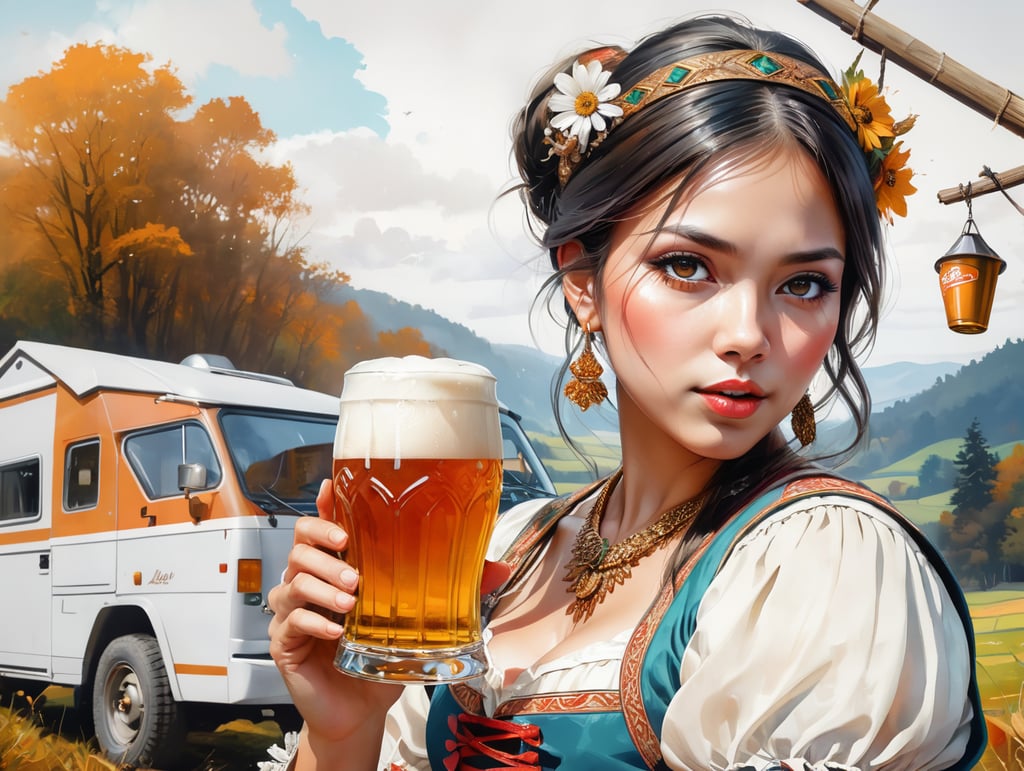 anglo saxon woman on Cute Poster Art for Oktober Fest in the German countryside, girl dressed in traditional tracht and drinking beer, new exciting angle