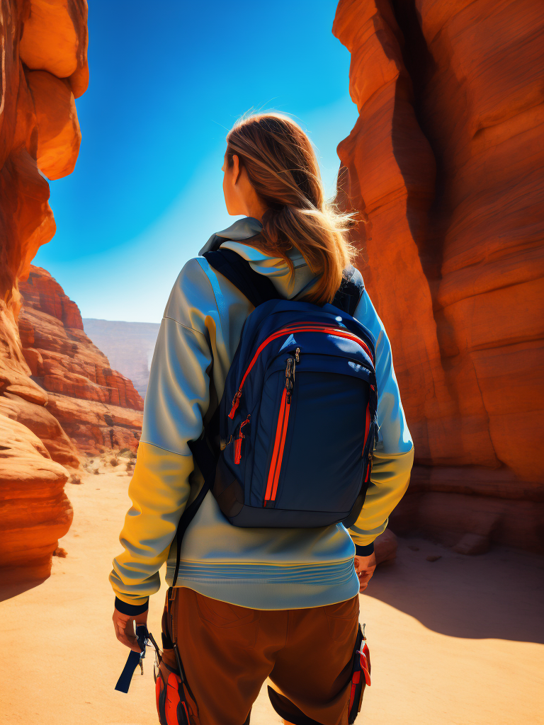 back view of one woman backpacker, bright and saturated colors, sporty, highly detailed, vogue, fashion and travel magazine, sharp focus, bright sunrise lighting, incredibly high detailed, Petra on background