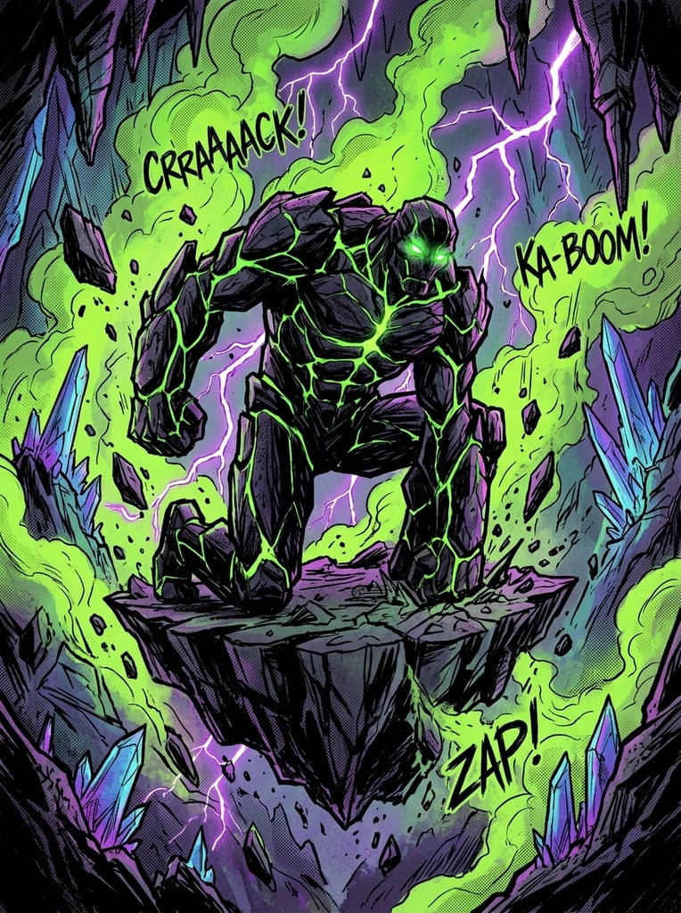 A massive obsidian golem with glowing green veins kneels on a jagged floating rock. Toxic green smoke and purple lightning fill the background of a collapsing alien crystal cavern. Shattered stalactites fall around the rocky figure. The high-contrast comic illustration features heavy black inking and vibrant neon lighting, highlighting dramatic apocalyptic destruction.
