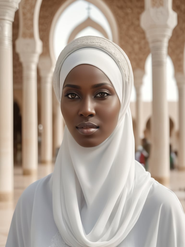 Senegalese women wearing white hijab at the touba masjid, 8k, realistic sony vi