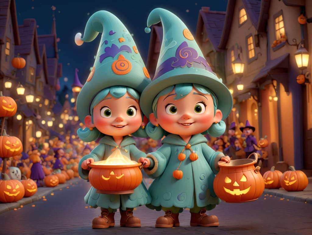 A charming and mischievous Full body Character in the middle of Street at night, halloween theme, Disney Pixar style, wearing a pointy hat and holding a bubbling cauldron