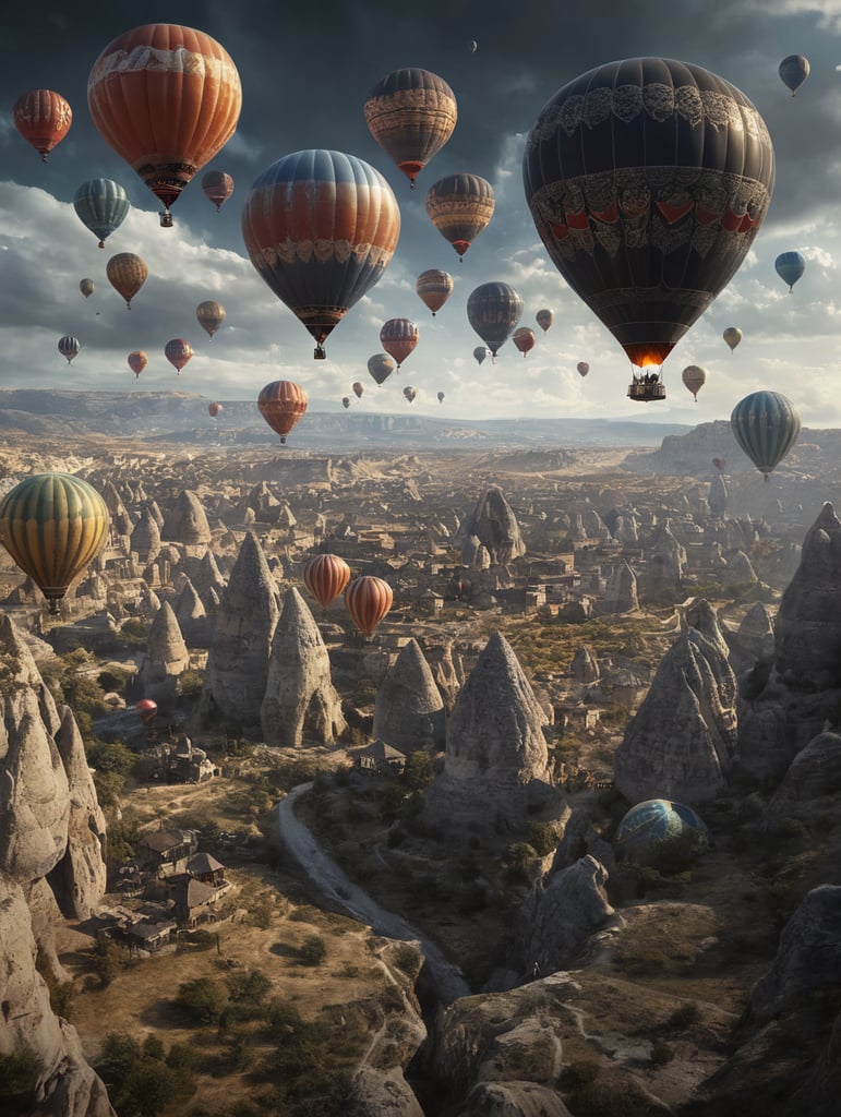 Turkish flying ballons in cappadocian sci-fi