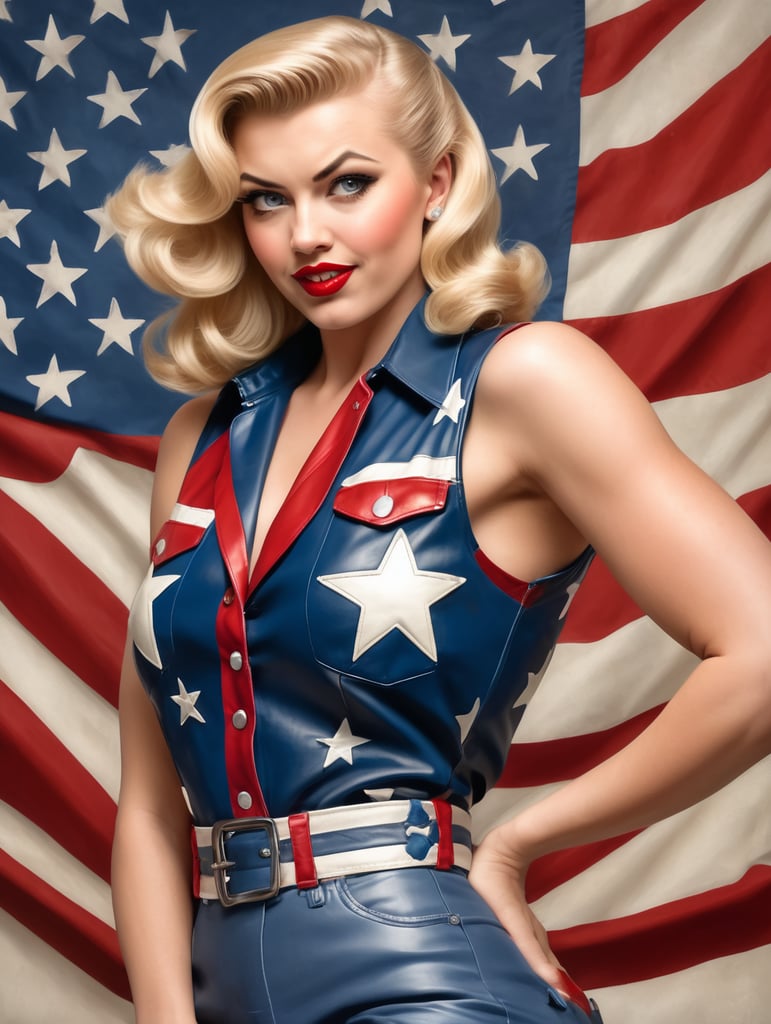 Modernized 1940's pinup girl, blonde hair, red white and blue sleeveless leather shirt with stars, flexing arm powerfully, mad expression on face