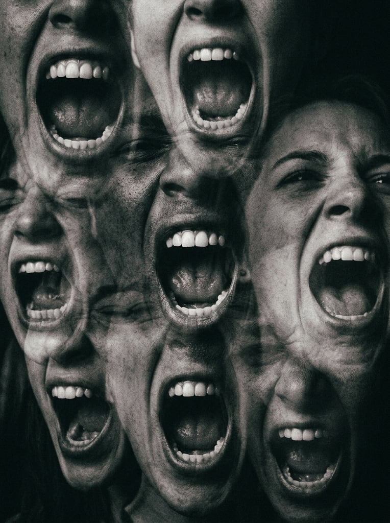 multiple overlapping exposures of screaming human mouths, wide open lips and teeth, chaotic motion blur, surreal abstract portrait, fleshy crimson tones, dark moody atmosphere, heavy film grain, high contrast