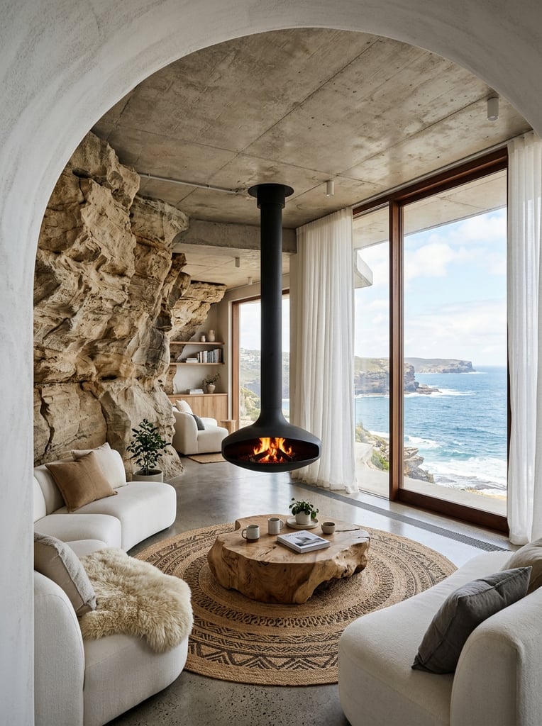 modern living room integrated into a natural sedimentary rock cave, suspended black metal teardrop fireplace with a glowing fire, plush curved white modular sofas, raw wood organic coffee table, circular woven rug with geometric patterns, rough stone walls merging into a smooth white plaster archway, raw concrete ceiling, large floor-to-ceiling window framing a blue ocean and rocky coastline, sheer white curtains, bright natural daylight, earthy neutral color palette, architectural interior photography