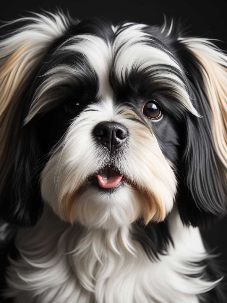 happy female black and white shih tzu dog with tongue out crooked head looking at camera hyper realistic depth of field colorful bright