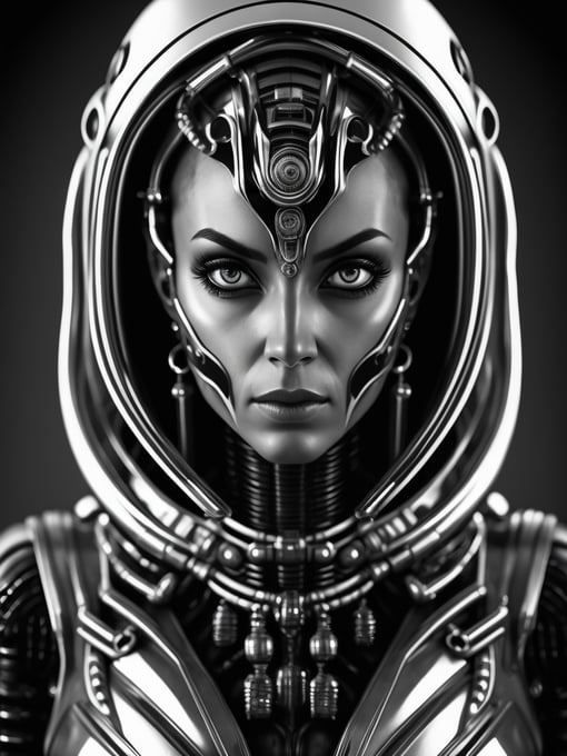 Female robot, Giger style, black and white, high contrast, metal face, many details, slim, stylized body