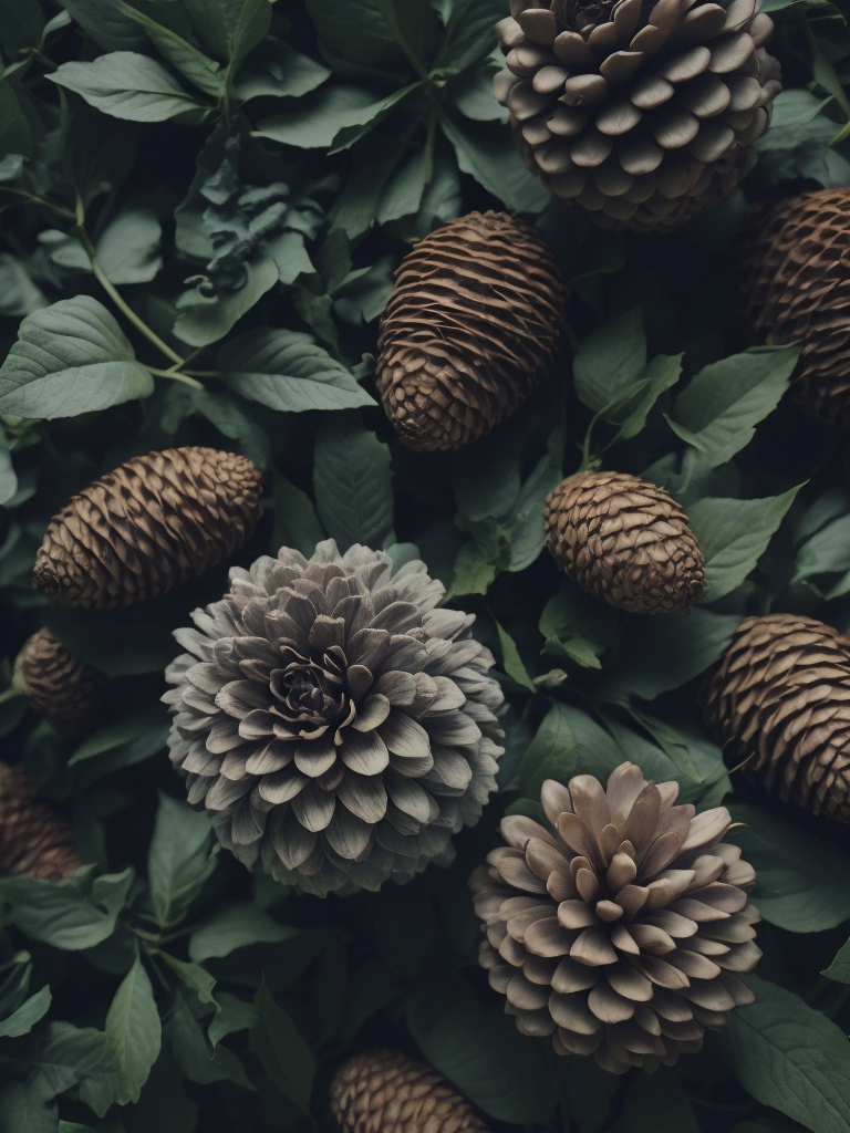 pine cones and pine trees on a bed of green leaves, in the style of video installation, flower patterns, wood sculptor, warmcore, intricate floral arrangements, duckcore, hypnotic symmetry