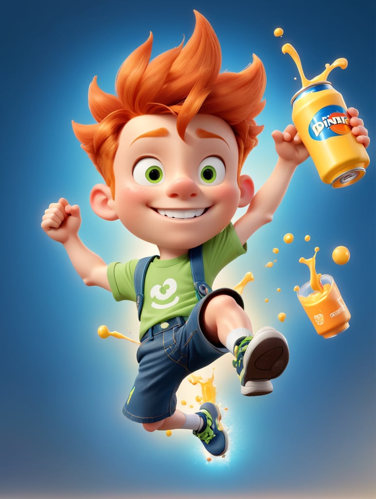Ginger Disney Pixar-style teen boy with braces drinking an energy drink. Full-body. Action pose jumping in the air.