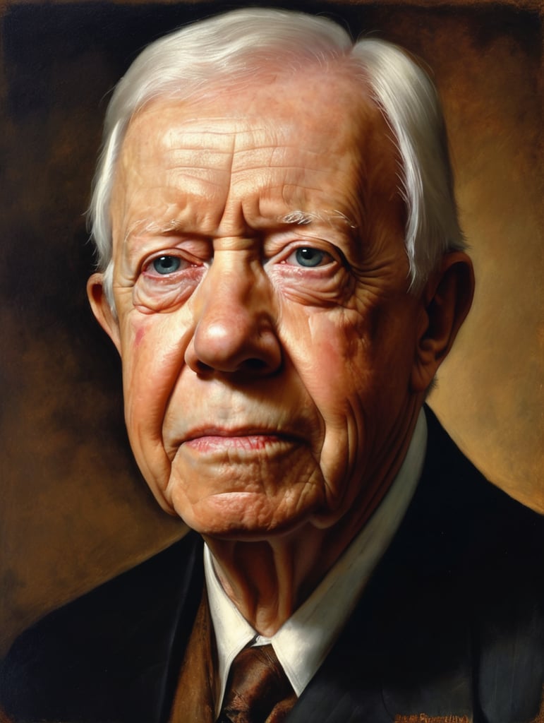 Portrait of Jimmy Carter by Rembrandt Harmenszoon van Rijn, sad face, America, so sorry