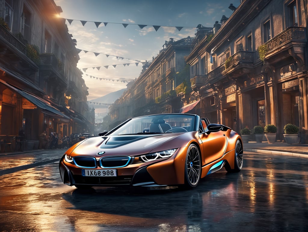 A video game visual of racing cars, a futuristic BMW i8 Roadster in the foreground, dynamic composition, Asphalt 9 Legends style, incredible graphics, 4k