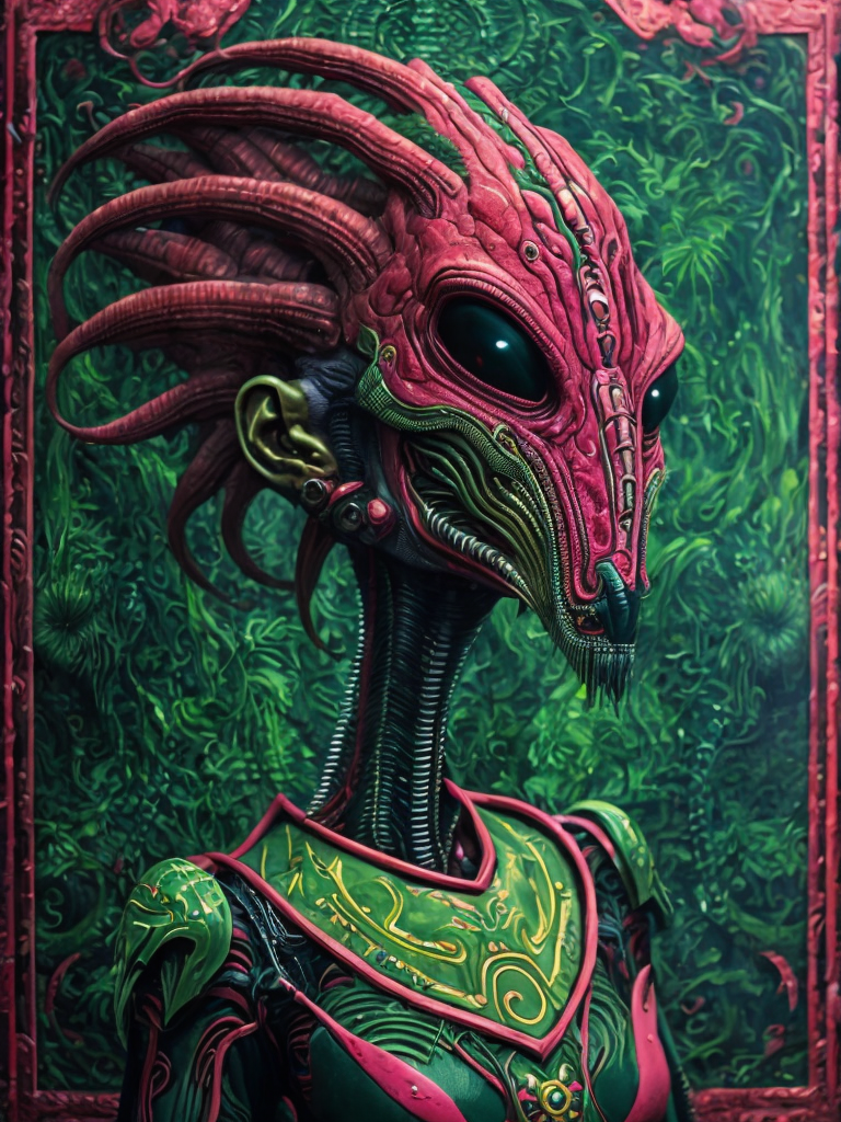 Portrait of an alien, batik, intricate details, surreal, Alien, Cyberpunk Trashcore Style, green crumson and pink, s 1000