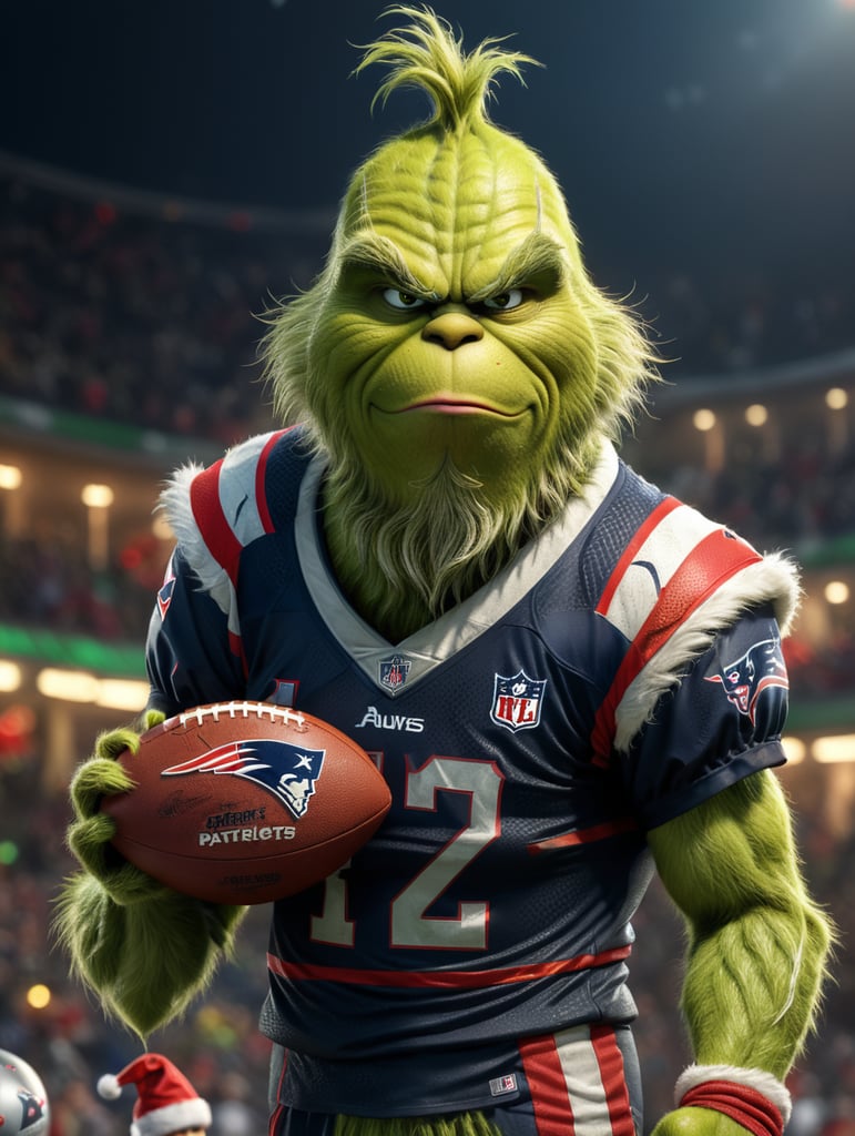 grinch wearing the patriots jersey holding a football with Christmas background