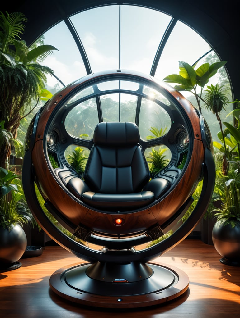 Futuristic sci-fi pod chair, flat design, product-view, exclusive photography, transparent orb, natural lighting, plants around, natural daytime lighting, natural wooden environment