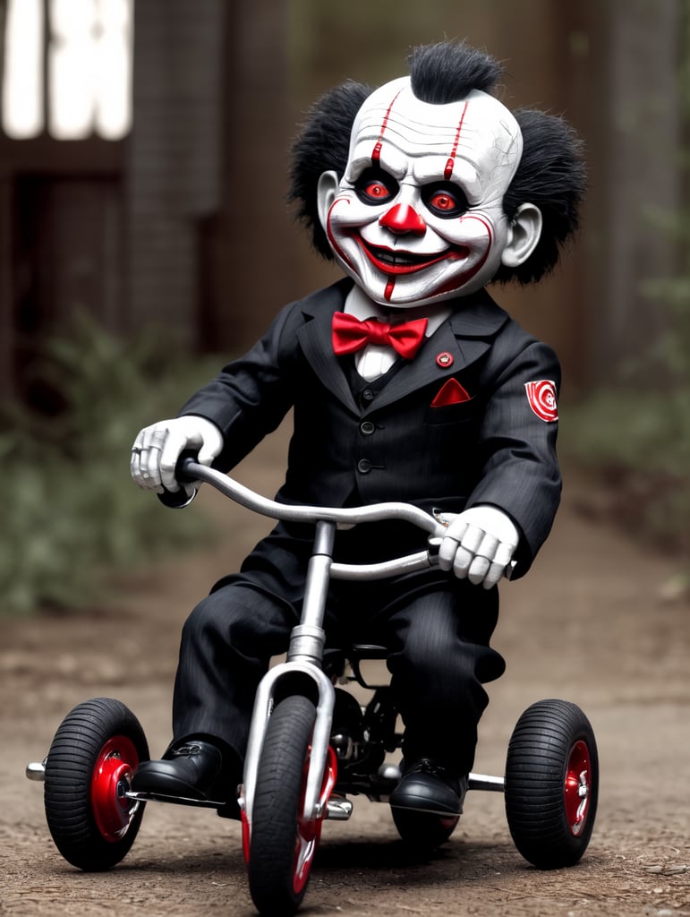 Billy the puppet from the movie saw drifting on his tricycle, highly detailed and resolution