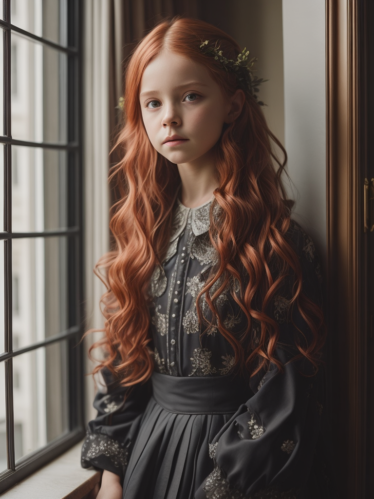 Portrait of a red-haired small girl in the blooming garden, white and pink roses, higher than the girl, pastel vintage dress, 15th century, painting, oil, Italy, style of Sandro Botticelli, illustration,