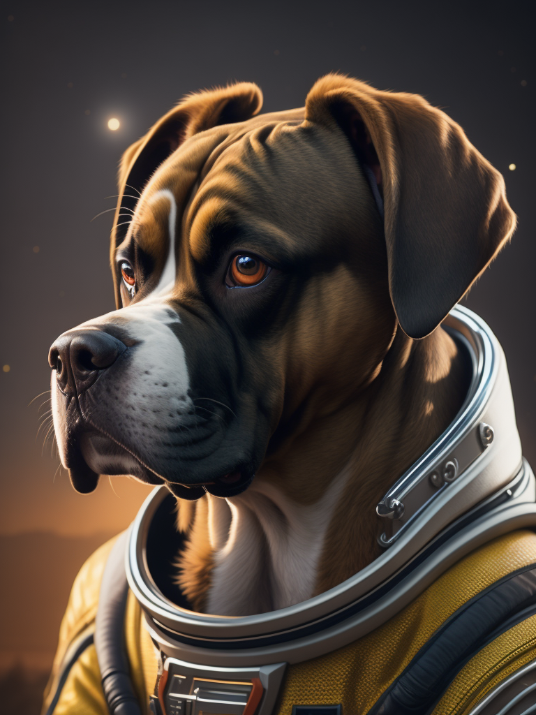 boxer dog wearing a space suit