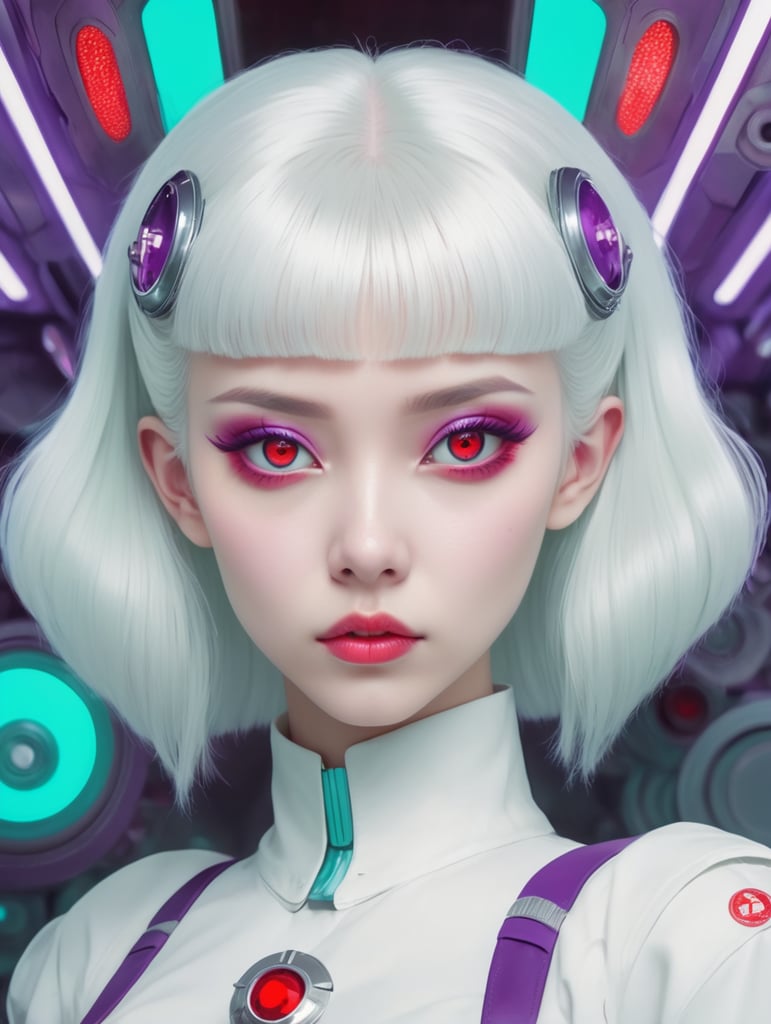 n albino girl with red eyes and white hair, in the style of retro-futuristic propaganda, purple and cyan, anime aesthetic, steelpunk, comic art, qing dynasty, experimental form