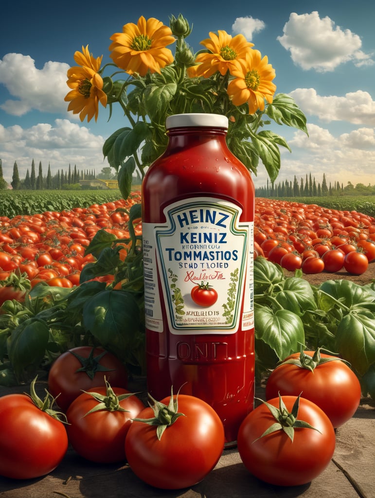several red tomatoes stacked together forming a Heinz ketchup bottle with some leaves around it, beautiful tomato plantation in the background and a blue sky, short grass and yellow flower + yellow flowers + creamy light + ambient lighting + very beautiful colors