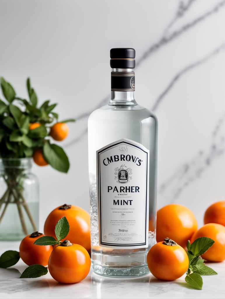 professional photo of a gin bottle on a white marble table surrounded by lemons, persimmons and mint, natural light