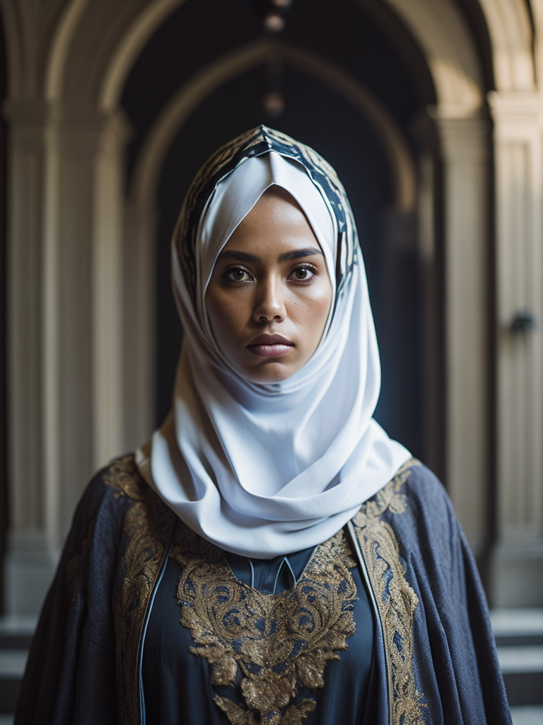 hyper-realistic, ultra-detailed photograph of indonesia white woman with arabic niqab fashion black bird cloak. Dark Renaissance ottoman mosque background, photo realistic, golden jewelry, dark, sunlight fractal details, depth of field, HOF, hall of fame, detailed gorgeous face, apocalyptic environment, natural body posture, professional photographer, captured with professional DSLR camera, trending on Artstation, 64k, ultra-detailed, ultra-accurate detailed, bokeh lighting, surrealism