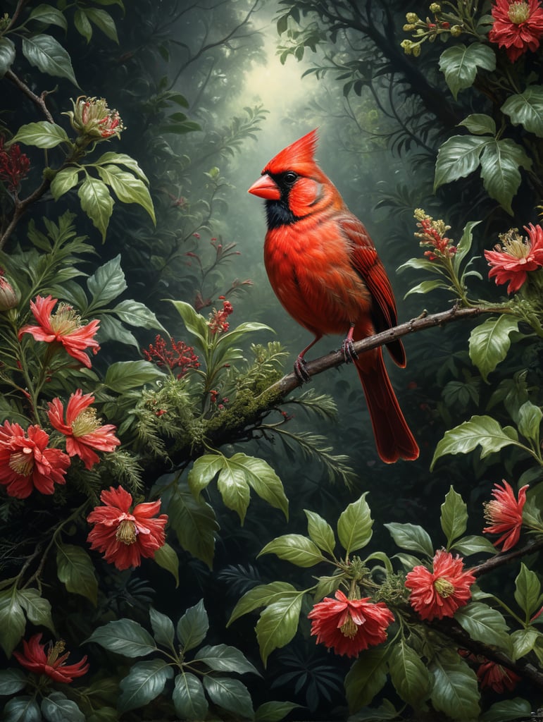 An Edwardian botanical oil painting, illustration of a red cardinal bird on a branch surrounded by flora and fauna